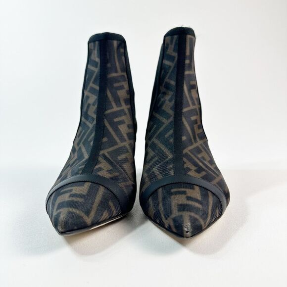 FENDI Colibri Mesh Leather Chelsea Booties Size 37.5 Brown Black FF Ankle Boots - Picture 5 of 15